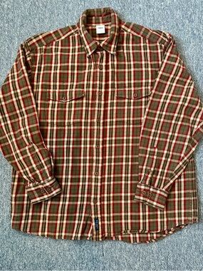 Old Navy Plaid Flannel Button-Up Shirt in Olive, Red & Cream